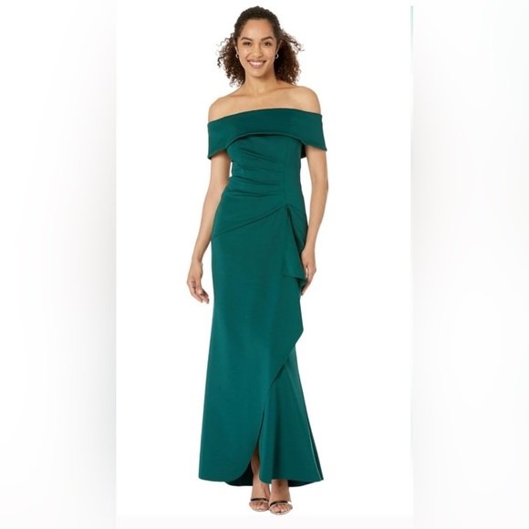New XSCAPE Long Scuba Off-the-Shoulder Dress – Hunter Green – Size 6 - Picture 1 of 5
